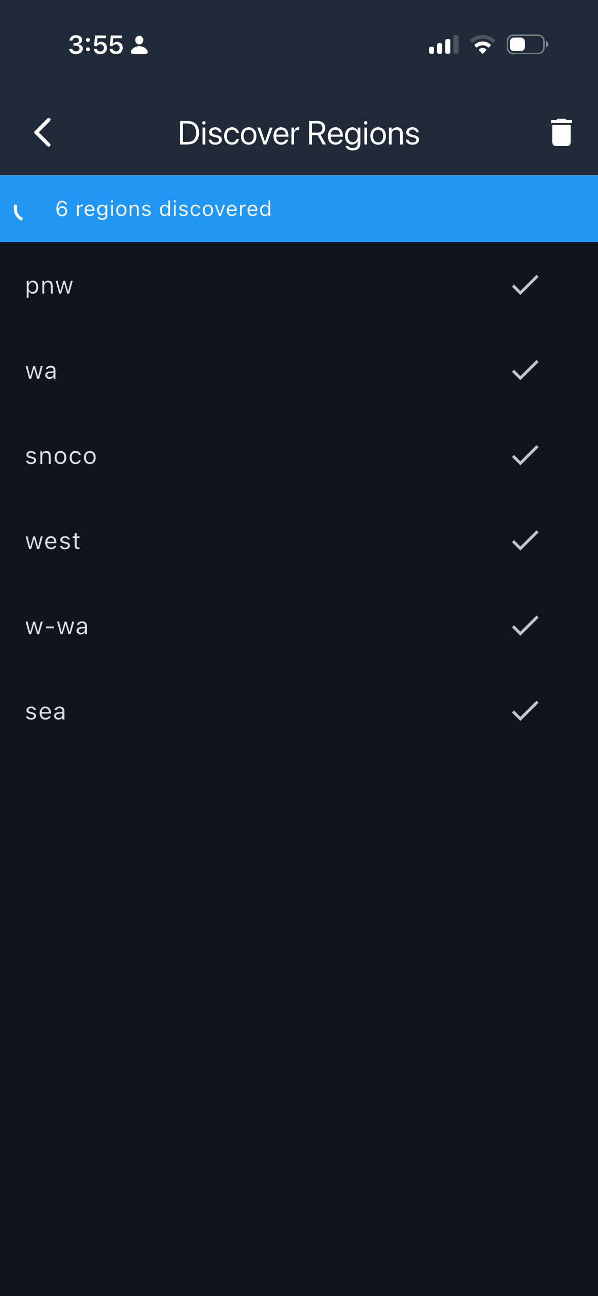 Discover Regions results: 6 regions found — pnw, wa, snoco, west, w-wa, sea